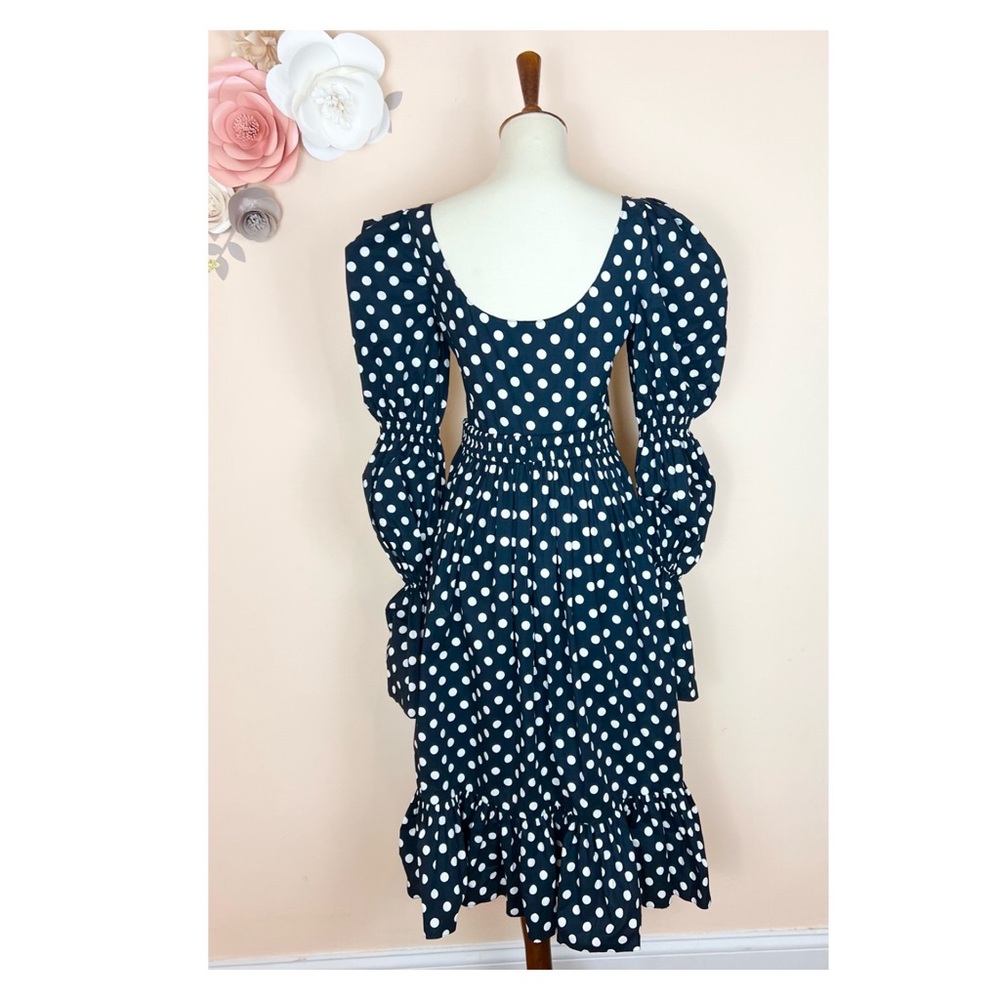 New! CAROLINE CONSTAS Puff Sleeve Polka Dot Ruffle Midi Dress - Picture 2 of 7